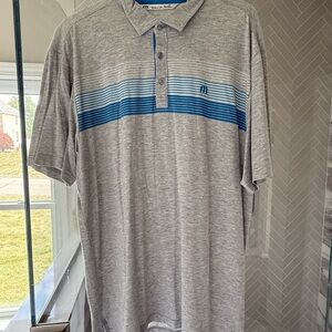 Travis Mathew Heather Gray Polo with Blue Stripes